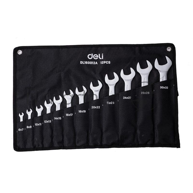 Набор двусторонних гаечных ключей 12 шт Deli DL160012A Спецификация: 6x7мм, 8x9мм, 10x11мм, 12x13мм, 14x15мм, 16x17мм, 18x19мм, 20x22мм, 21x23мм, 24x27мм, 25x28мм, 30x32мм. Матовая хромированная поверхность. Тканевая упаковка.