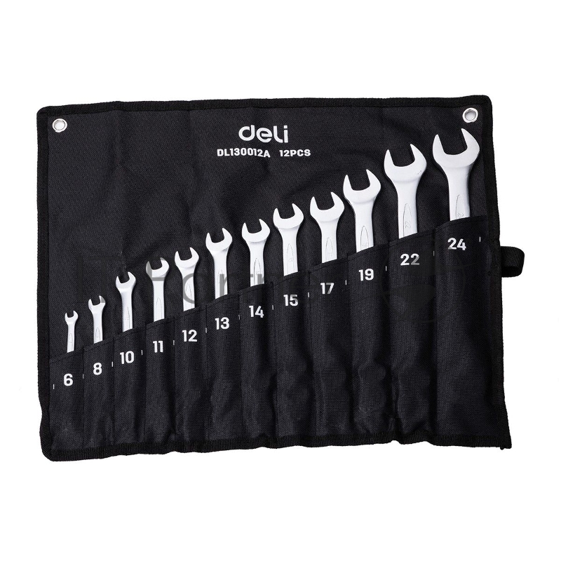 Набор комбинированных гаечных ключей 12 шт Deli DL130012A Спецификация: 6 мм, 8 мм, 10 мм, 11 мм, 12 мм, 13 мм, 14 мм, 15 мм, 17 мм, 19 мм, 22 мм, 24 мм. Матовая хромированная поверхность. Тканевая упаковка.