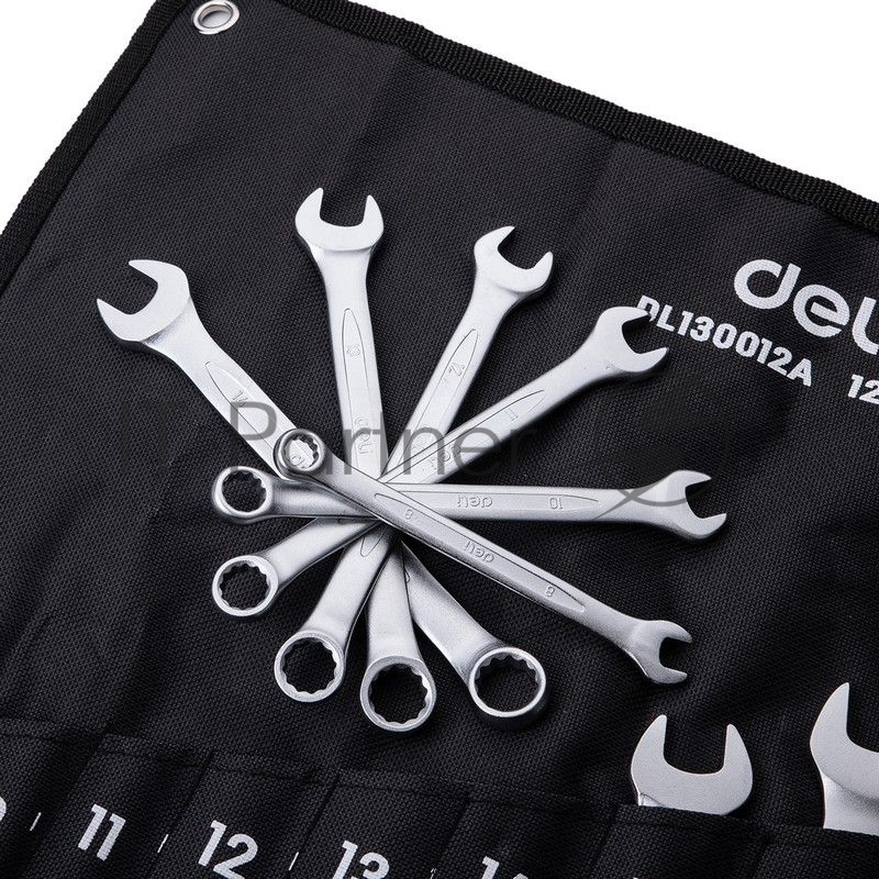 Набор комбинированных гаечных ключей 12 шт Deli DL130012A Спецификация: 6 мм, 8 мм, 10 мм, 11 мм, 12 мм, 13 мм, 14 мм, 15 мм, 17 мм, 19 мм, 22 мм, 24 мм. Матовая хромированная поверхность. Тканевая упаковка.