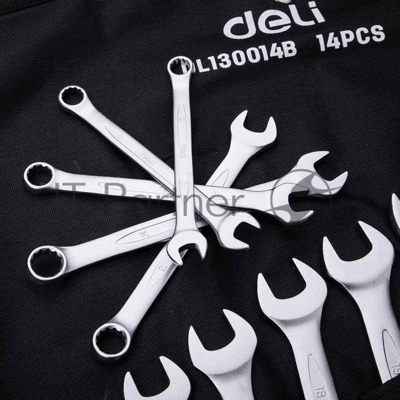 Набор комбинированных гаечных ключей 14 шт Deli DL130014B Спецификация: 10 мм, 11 мм, 12 мм, 13 мм, 14 мм, 16 мм, 17 мм, 18 мм, 19 мм, 21 мм, 24 мм, 27 мм, 30 мм, 32 мм. Матовая хромированная поверхность. Тканевая упаковка.