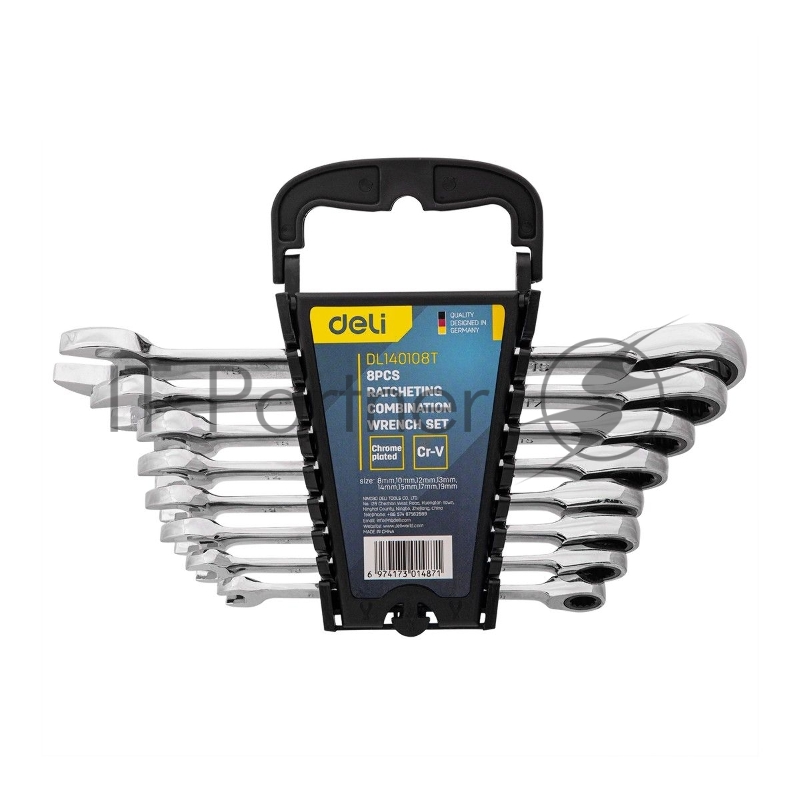 Набор комбинированных ключей с трещоткой 8 шт Deli DL140108T Спецификация: 8,10,12,13,14,15,17,19мм. Сталь 40 Cr. Трещётка 50BV30 72Т.