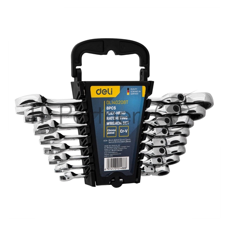 Набор комбинированных шарнирных ключей с трещоткой 8 шт Deli DL140208T Спецификация: 8,10,12,13,14,15,17,19мм. Сталь 40 Cr. Трещётка 50BV30 72Т.