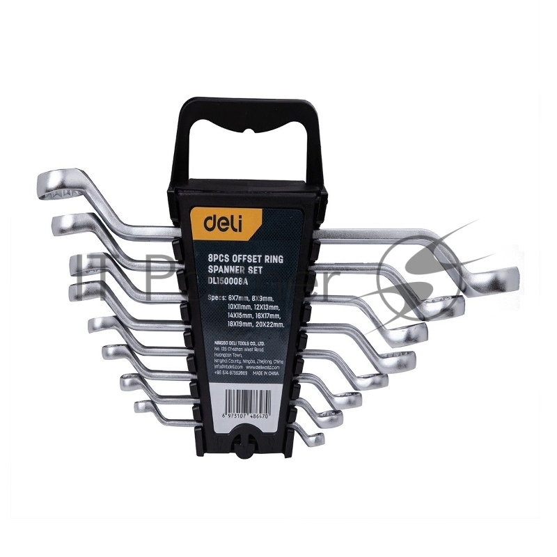 Набор накидных изогнутых гаечных ключей 8 шт Deli DL150008A Спецификация: 6x7мм, 8x9мм, 10x11мм, 12x13мм, 14x15мм, 16x17мм, 18x19мм, 20x22мм. Матовая хромированная поверхность. Пластиковая упаковка.