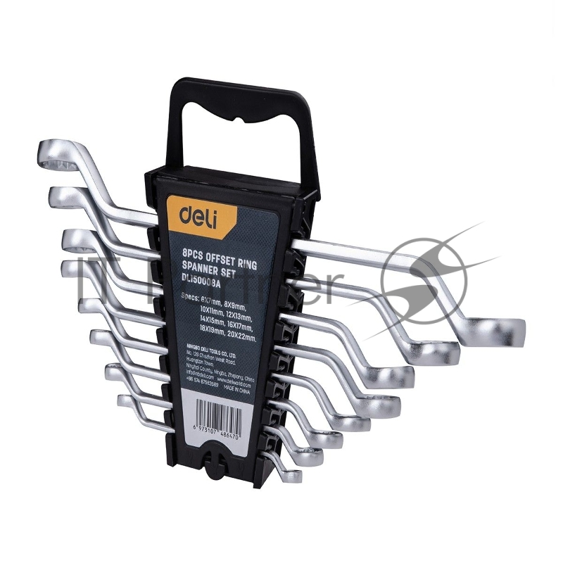 Набор накидных изогнутых гаечных ключей 8 шт Deli DL150008A Спецификация: 6x7мм, 8x9мм, 10x11мм, 12x13мм, 14x15мм, 16x17мм, 18x19мм, 20x22мм. Матовая хромированная поверхность. Пластиковая упаковка.