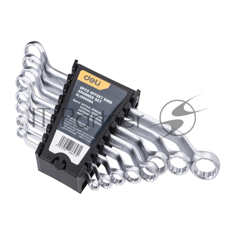 Набор накидных изогнутых гаечных ключей 8 шт Deli DL150008A Спецификация: 6x7мм, 8x9мм, 10x11мм, 12x13мм, 14x15мм, 16x17мм, 18x19мм, 20x22мм. Матовая хромированная поверхность. Пластиковая упаковка.