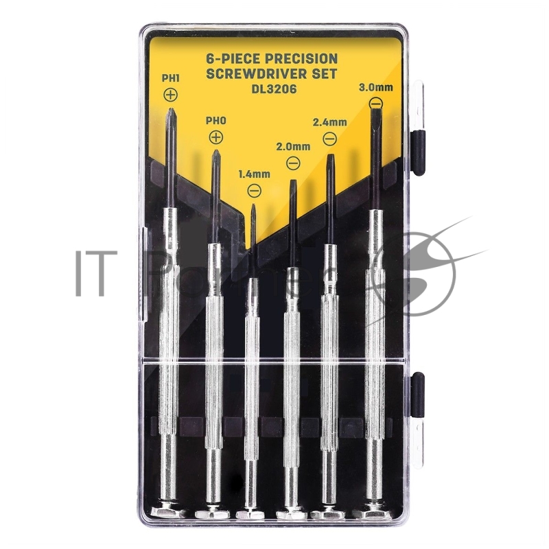 Набор прецизионных отверток Deli DL3206 6 шт Набор прецизионных отверток из 6 предметов: 2 шт. Philips: PH1, PH04 шт. Шлиц: 1,4 мм, 2,0 мм, 2,4 мм, 3,0 мм. Cr-V. Черная отделка.
