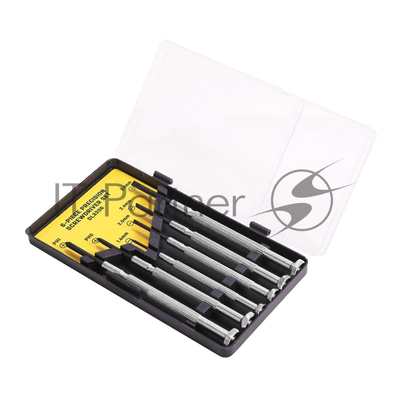 Набор прецизионных отверток Deli DL3206 6 шт Набор прецизионных отверток из 6 предметов: 2 шт. Philips: PH1, PH04 шт. Шлиц: 1,4 мм, 2,0 мм, 2,4 мм, 3,0 мм. Cr-V. Черная отделка.