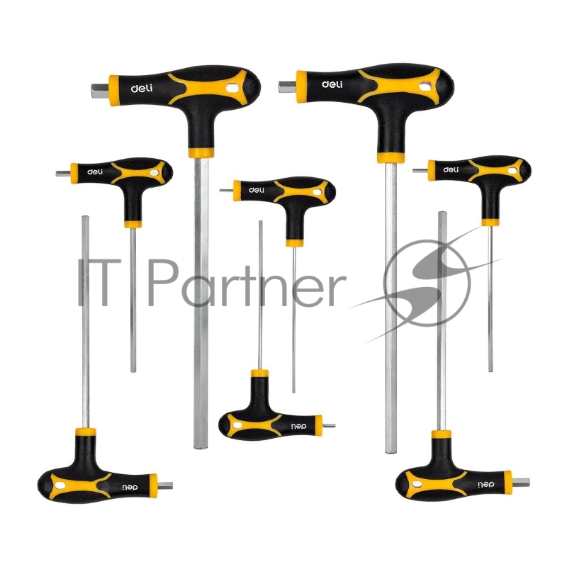 Набор шестигранных ключей Deli DL233108 8 шт. Материал: CR-V. Спецификация: 2x75 мм/2,5x75 мм/3x100 мм/4x100 мм/5x150 мм/6x150 мм/8x200 мм/10x200 мм. Удобная рукоять.