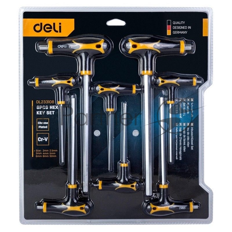 Набор шестигранных ключей Deli DL233108 8 шт. Материал: CR-V. Спецификация: 2x75 мм/2,5x75 мм/3x100 мм/4x100 мм/5x150 мм/6x150 мм/8x200 мм/10x200 мм. Удобная рукоять.