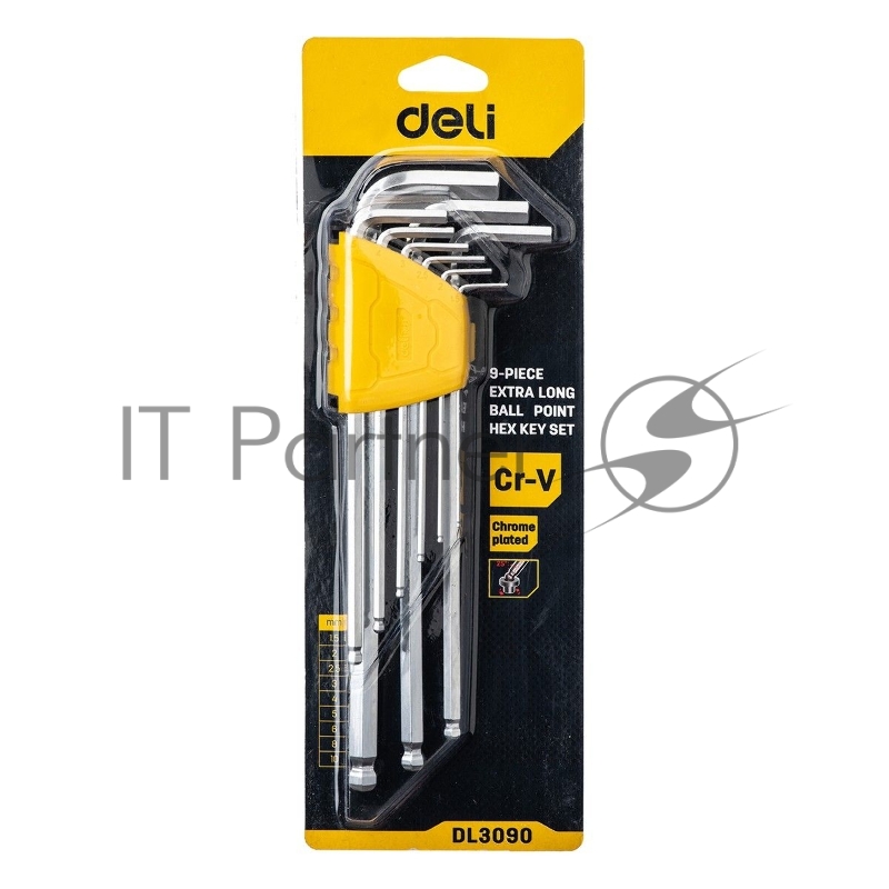 Набор шестигранных ключей Deli DL3090 9 шт. Шаровой конец. Размер: 1,5-10 мм. Материал: Cr-V. Хромированный.