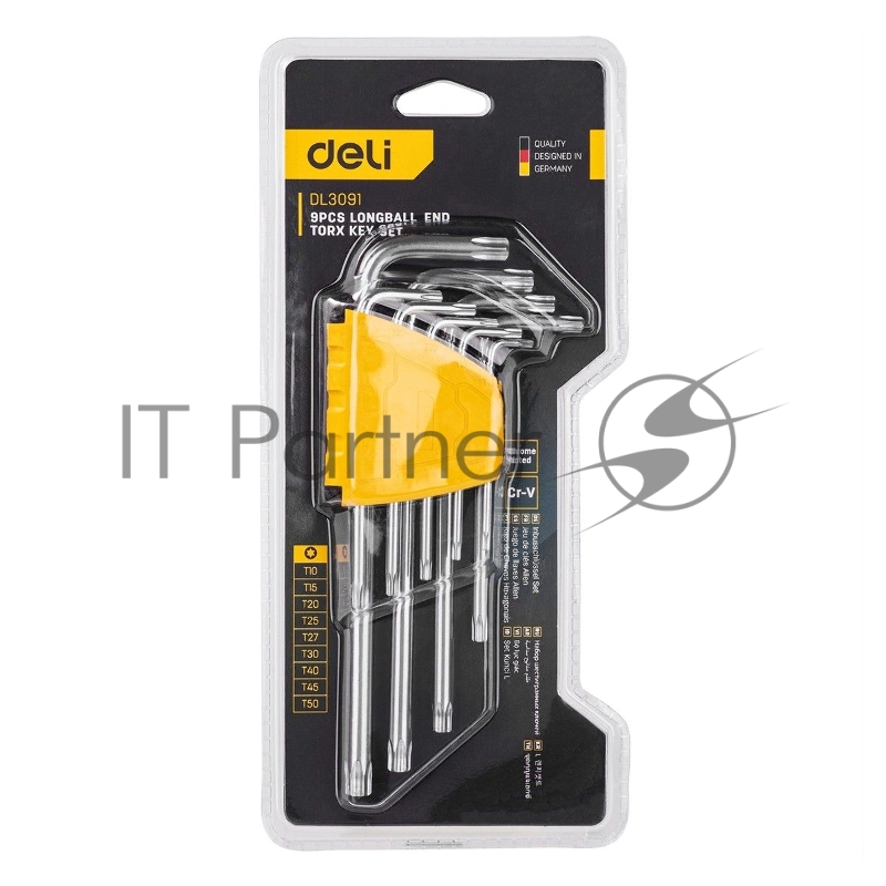 Набор шестигранных ключей TORX Deli DL3091 9 шт. Размер: 1/16”-3/8”. Хромированный. Технические характеристики: Т10,Т15,Т20,Т25,Т27,Т30,Т40,Т4