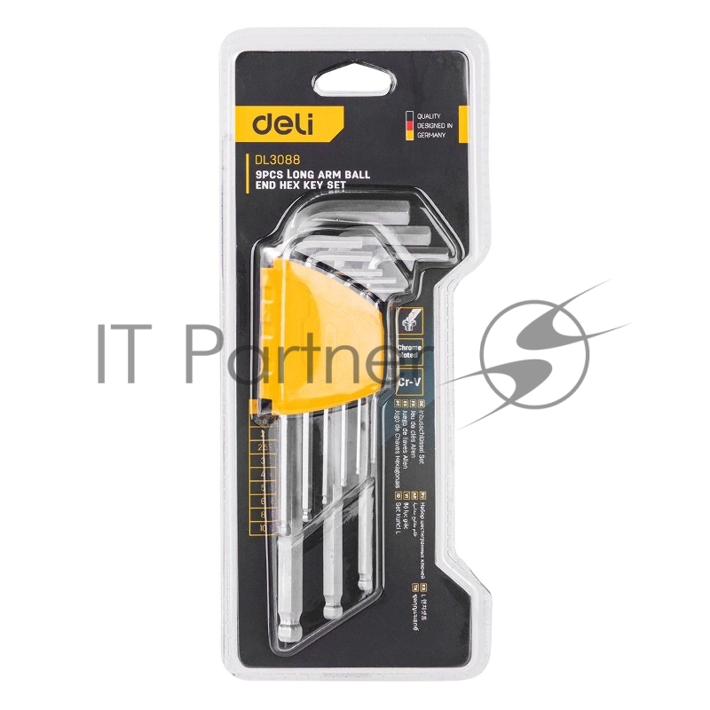 Набор шестигранных ключей с шаром Deli DL3088 9 шт. Размер: 1,5-10 мм. Материал: Cr-V. Шаровой конец. Хромированный.