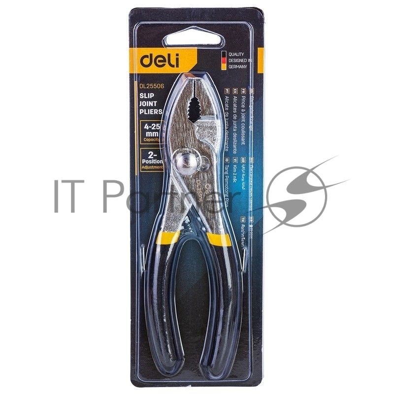 Пассатижи переставные двухдиапазонные Deli DL25506 6 Размер: 6 дюймов. Высококачественная углеродистая сталь. Хромированный. Двухкомпонентная ручка.