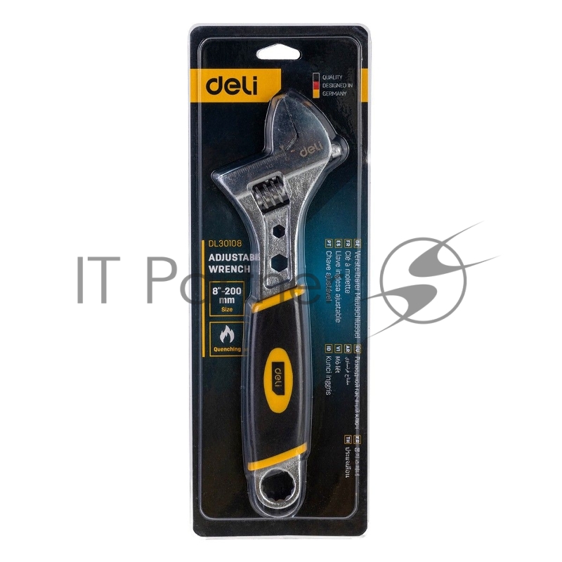 Разводной ключ Deli DL30108 8 Длина 200 мм. Высокоуглеродистая сталь + TPR (обрезиненная ручка). Максимальный размер отверстия: 28 мм.