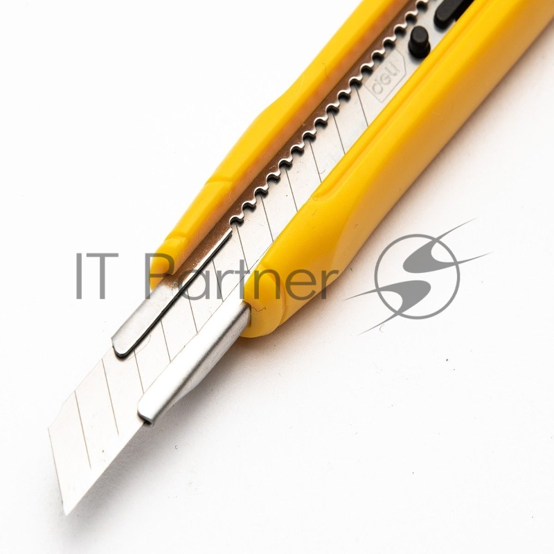 Технический нож Deli DL009B 9мм SK4, лезвие 13 секций, ударопрочный корпус. Кнопка автоматической блокировки.