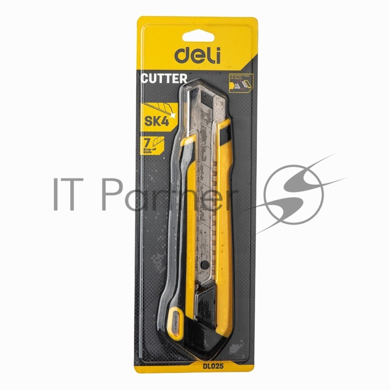 Технический нож Deli DL025 25мм SK4. 2-ступенчатое лезвие. Ударопрочный и обрезиненный корпус. Кнопка автоматической блокировки.