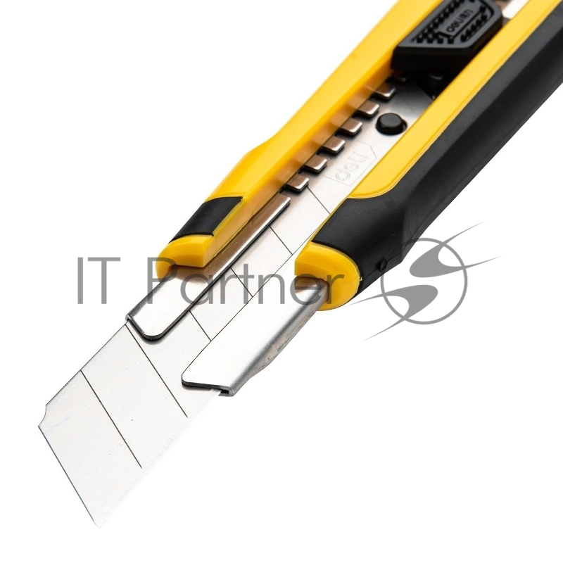 Технический нож Deli DL025 25мм SK4. 2-ступенчатое лезвие. Ударопрочный и обрезиненный корпус. Кнопка автоматической блокировки.