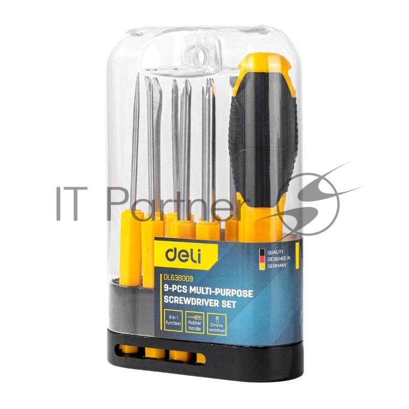 Многофункциональная отвертка 8-в-1 Deli DL636009 1шт ручка, 3 бита Phillips: PH0, PH1, PH2, 3 насадки с прорезями: 3 мм, 5 мм, 6 мм,2 специальные биты: точечные, Y-образные. Материал хвостовика: Cr-V.