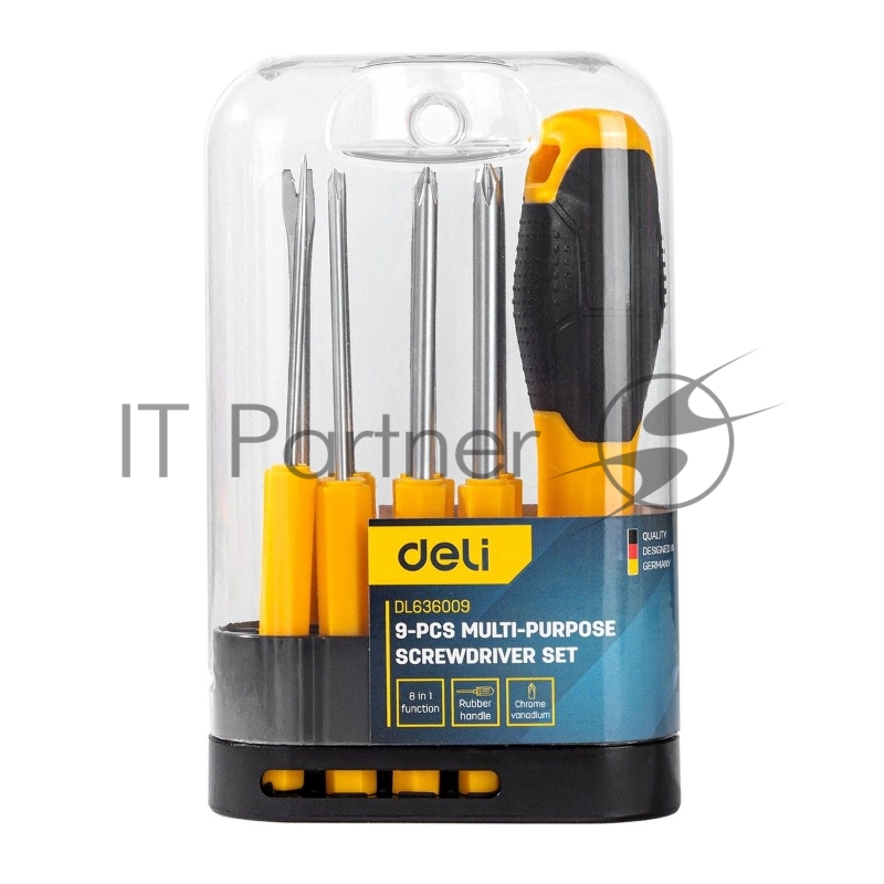 Многофункциональная отвертка 8-в-1 Deli DL636009 1шт ручка, 3 бита Phillips: PH0, PH1, PH2, 3 насадки с прорезями: 3 мм, 5 мм, 6 мм,2 специальные биты: точечные, Y-образные. Материал хвостовика: Cr-V.