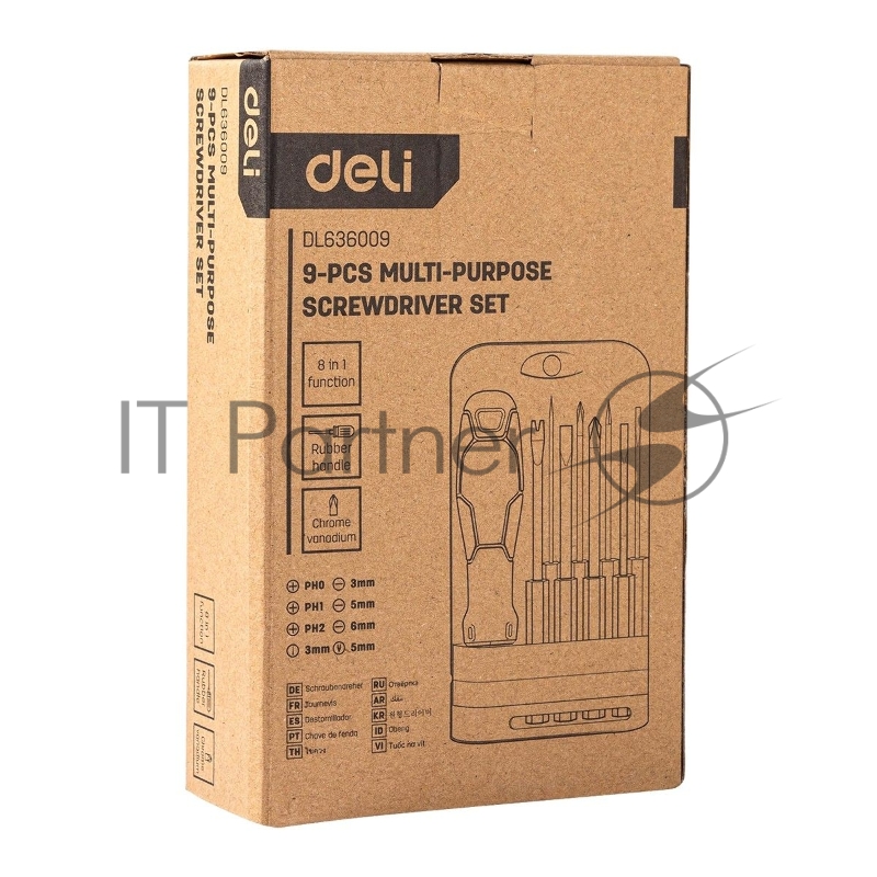 Многофункциональная отвертка 8-в-1 Deli DL636009 1шт ручка, 3 бита Phillips: PH0, PH1, PH2, 3 насадки с прорезями: 3 мм, 5 мм, 6 мм,2 специальные биты: точечные, Y-образные. Материал хвостовика: Cr-V.