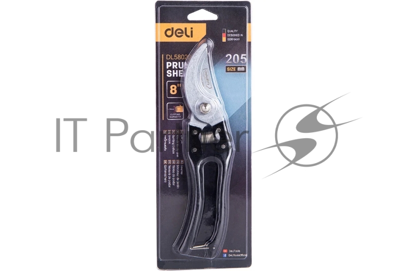 Секатор Deli DL580200 Размер 205 мм. Макс диаметр резки 14 мм. Сталь 65 MN. Ручка из ПВХ.
