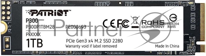 SSD M.2 Patriot 1.0Tb P300 <P300P1TBM28> (PCI-E 3.0 x4, up to 2100/1650MBs, 290000 IOPs, 3D TLC, SMI2263XT, TBW 320Tb, 22х80mm)
