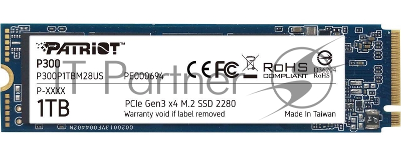 SSD M.2 Patriot 1.0Tb P300 <P300P1TBM28> (PCI-E 3.0 x4, up to 2100/1650MBs, 290000 IOPs, 3D TLC, SMI2263XT, TBW 320Tb, 22х80mm)