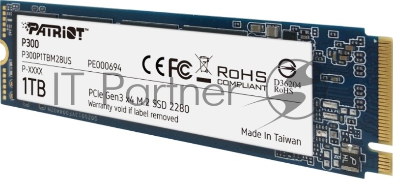 SSD M.2 Patriot 1.0Tb P300 <P300P1TBM28> (PCI-E 3.0 x4, up to 2100/1650MBs, 290000 IOPs, 3D TLC, SMI2263XT, TBW 320Tb, 22х80mm)