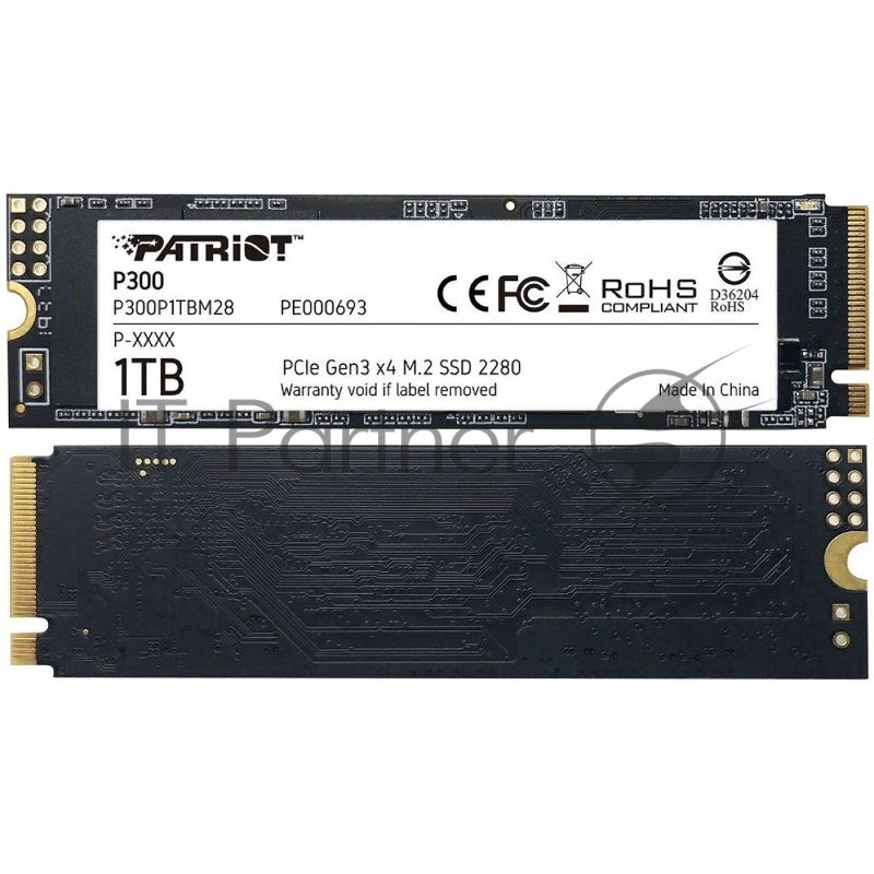 SSD M.2 Patriot 1.0Tb P300 <P300P1TBM28> (PCI-E 3.0 x4, up to 2100/1650MBs, 290000 IOPs, 3D TLC, SMI2263XT, TBW 320Tb, 22х80mm)