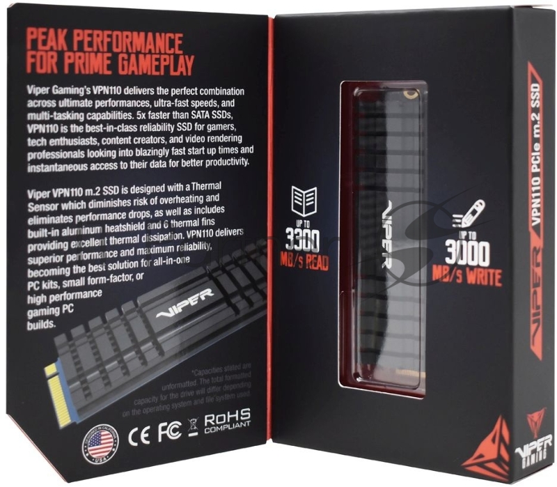 Накопитель SSD M.2 Viper 512Gb VPN110 Series <VPN110-512GM28H> (PCI-E 3.0 x4, up to 3100/2300MBs, 3D NAND, DRAM, TBW 400Tb, 22х80mm, heatsink)