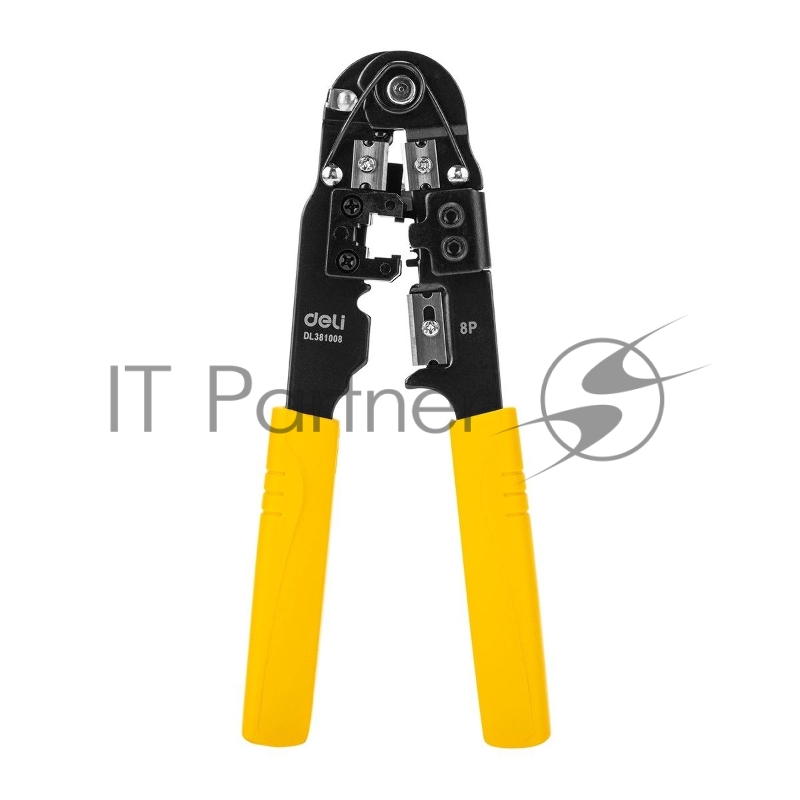 Обжимные клещи Deli DL381008 RJ45 Размер: 205мм. Спецификация обжима: 8P. Холоднокатаный стальной лист с черной отделкой, ручка из ПВХ. Лезвие SK5. Инструмент для зачистки проводов, кусачки и обжимной инструмент 3-в-1.