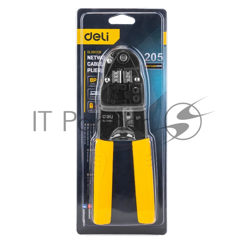 Обжимные клещи Deli DL381008 RJ45 Размер: 205мм. Спецификация обжима: 8P. Холоднокатаный стальной лист с черной отделкой, ручка из ПВХ. Лезвие SK5. Инструмент для зачистки проводов, кусачки и обжимной инструмент 3-в-1.