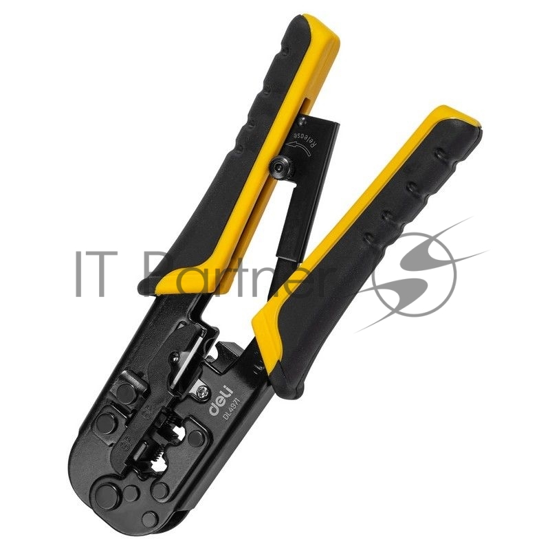 Обжимные клещи Deli DL4971 4P,6P,8P Размер: 200 мм. Спецификация обжима: 4P, 6P, 8P. Сталь A3 с черным покрытием. Ручка из ПВХ и ТПР. Храповой механизм. Подходит для витой пары UTP/STP и телефонных кабелей.