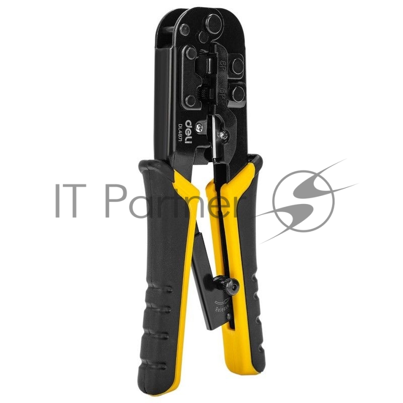 Обжимные клещи Deli DL4971 4P,6P,8P Размер: 200 мм. Спецификация обжима: 4P, 6P, 8P. Сталь A3 с черным покрытием. Ручка из ПВХ и ТПР. Храповой механизм. Подходит для витой пары UTP/STP и телефонных кабелей.