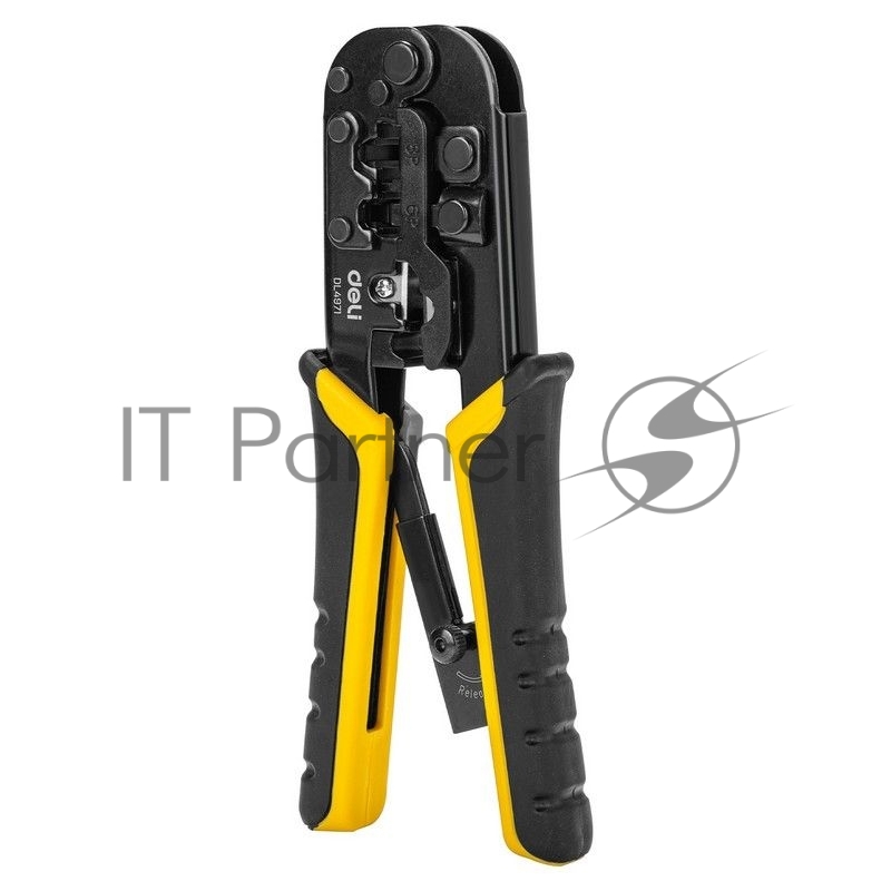 Обжимные клещи Deli DL4971 4P,6P,8P Размер: 200 мм. Спецификация обжима: 4P, 6P, 8P. Сталь A3 с черным покрытием. Ручка из ПВХ и ТПР. Храповой механизм. Подходит для витой пары UTP/STP и телефонных кабелей.