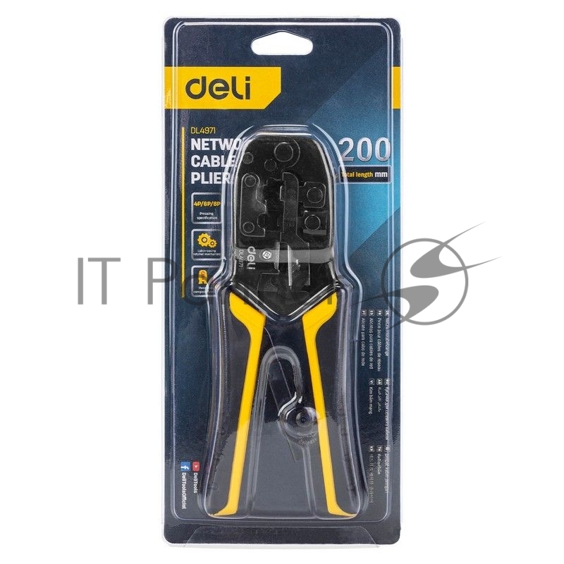 Обжимные клещи Deli DL4971 4P,6P,8P Размер: 200 мм. Спецификация обжима: 4P, 6P, 8P. Сталь A3 с черным покрытием. Ручка из ПВХ и ТПР. Храповой механизм. Подходит для витой пары UTP/STP и телефонных кабелей.