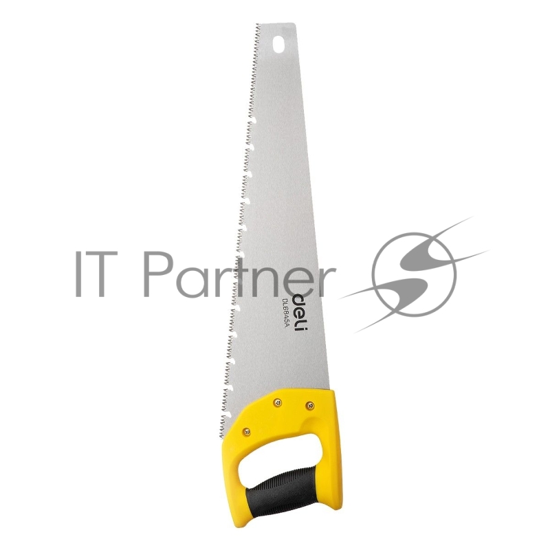 Ножовка по дереву Deli DL6845A 450мм Материал: 65Mn. Термообработанная поверхность. Шлифовка зубов с 3-х сторон. Литая ручка из двухкомпонентного противоударного пластика.