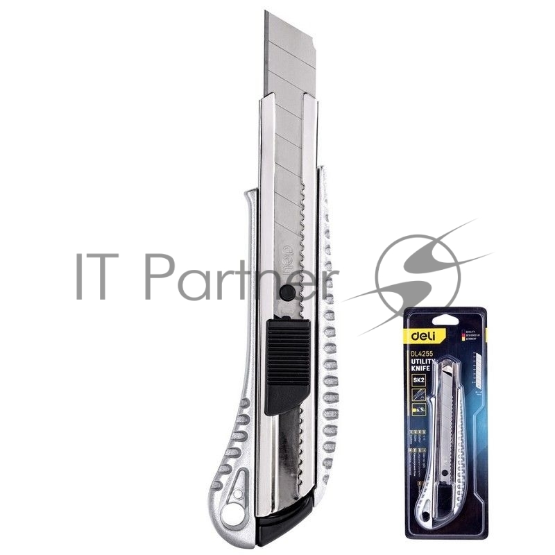 Универсальный нож Deli DL4255 18мм Лезвие SK2. Алюминиевый корпус. Общая длина: 155 мм.