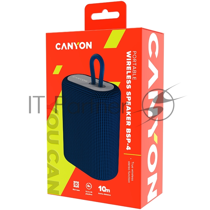 Портативная акустика Canyon Bluetooth Speaker, BT V5.0, BLUETRUM AB5365A, TF card support, Type-C USB port, 1200mAh polymer battery, Blue, cable length 0.42m, 114*93*51mm, 0.29kg