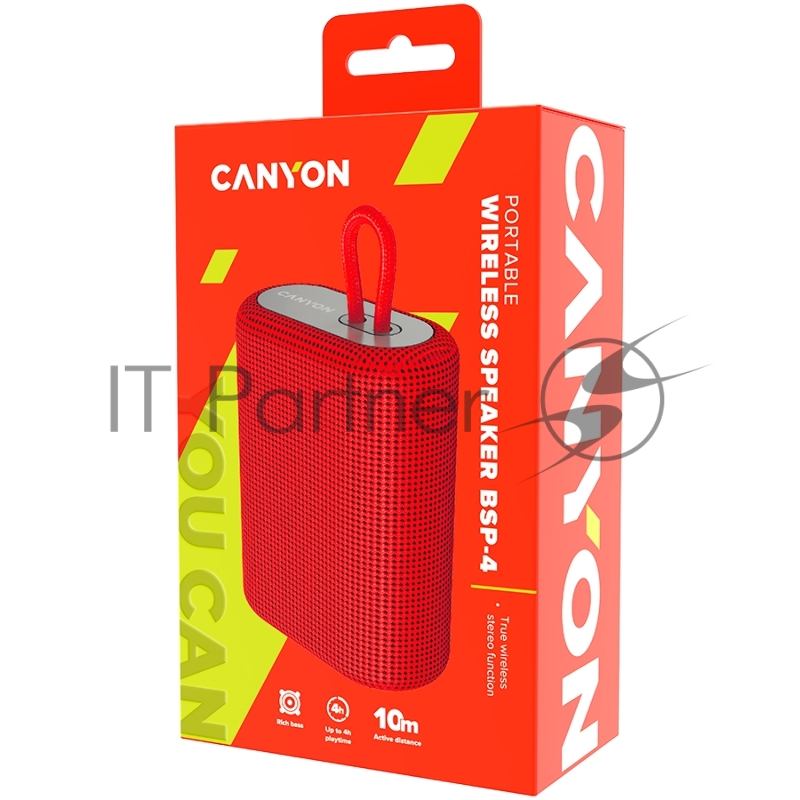 Портативная акустика Canyon Bluetooth Speaker, BT V5.0, BLUETRUM AB5365A, TF card support, Type-C USB port, 1200mAh polymer battery, Red, cable length 0.42m, 114*93*51mm, 0.29kg