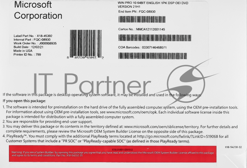 Операционная система Microsoft Windows Pro 10 64Bit English 1pk DSP OEI DVD (FQC-08930)