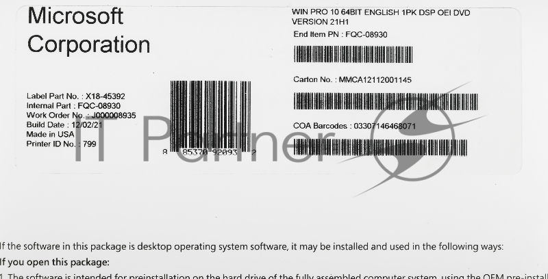 Операционная система Microsoft Windows Pro 10 64Bit English 1pk DSP OEI DVD (FQC-08930)