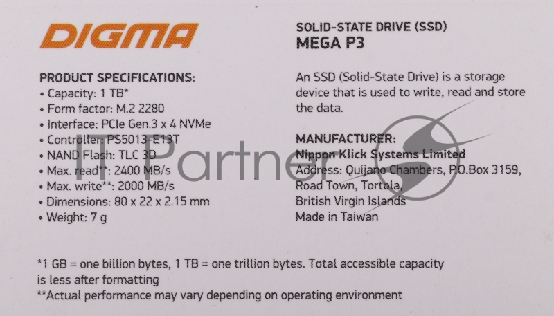 Накопитель SSD Digma PCI-E x4 1Tb DGSM3001TP33T Mega P3 M.2 2280