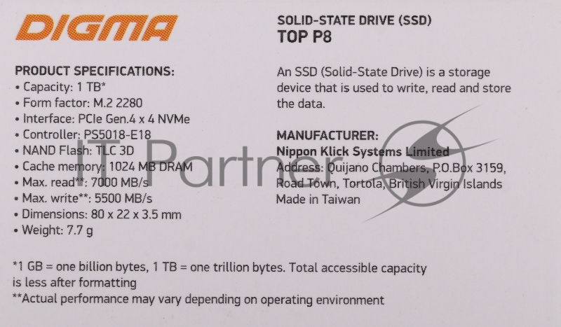 Накопитель SSD Digma PCI-E 4.0 x4 1Tb DGST4001TP83T Top P8 M.2 2280