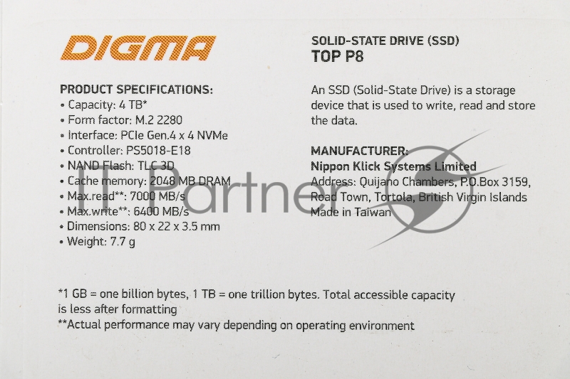 Накопитель SSD Digma PCI-E 4.0 x4 4Tb DGST4004TP83T Top P8 M.2 2280