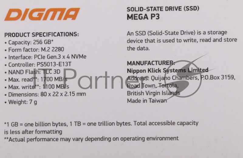 Накопитель SSD Digma PCI-E x4 256Gb DGSM3256GP33T Mega P3 M.2 2280