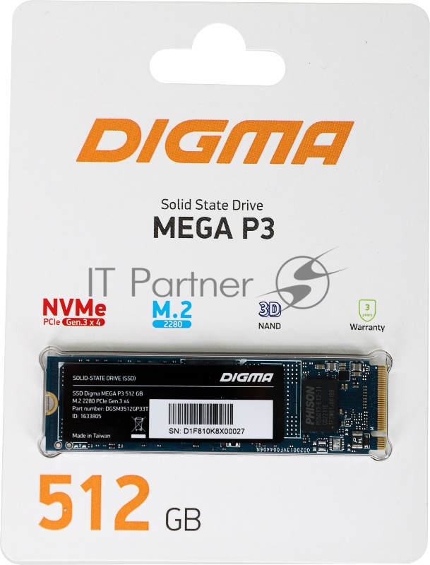 Накопитель SSD Digma PCI-E x4 512Gb DGSM3512GP33T Mega P3 M.2 2280