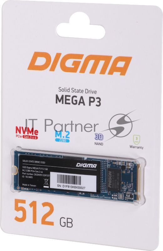 Накопитель SSD Digma PCI-E x4 512Gb DGSM3512GP33T Mega P3 M.2 2280