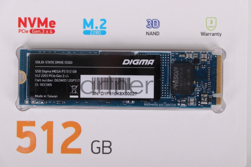 Накопитель SSD Digma PCI-E x4 512Gb DGSM3512GP33T Mega P3 M.2 2280