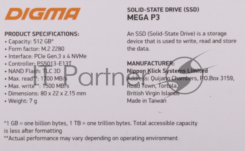 Накопитель SSD Digma PCI-E x4 512Gb DGSM3512GP33T Mega P3 M.2 2280